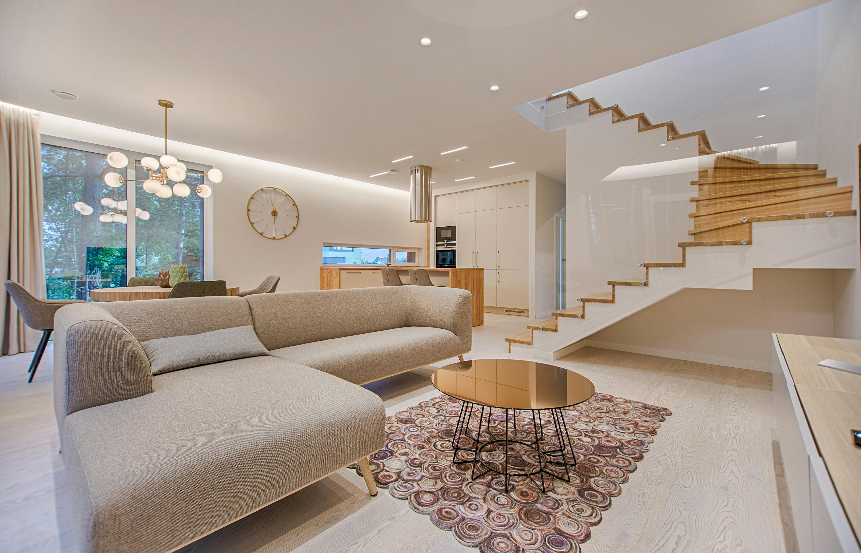 Modern 3BHK living room with neutral palette, Sector 21 Faridabad